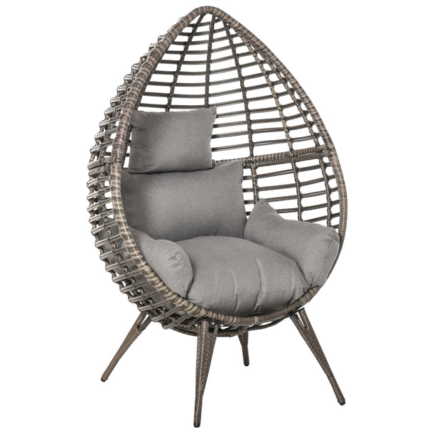 Grey teardrop rattan egg chair on four legs with thick grey cushion