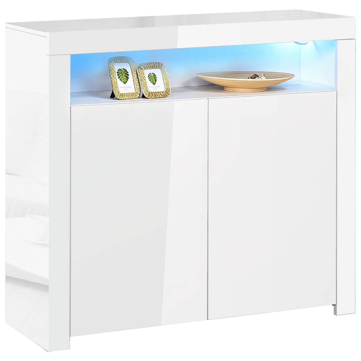 White high gloss 2-door sideboard with open shelf and glowing RGB LED light trim
