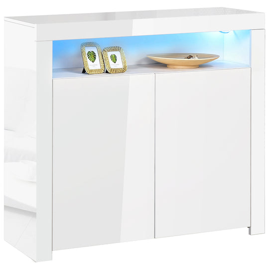 White high gloss 2-door sideboard with open shelf and glowing RGB LED light trim