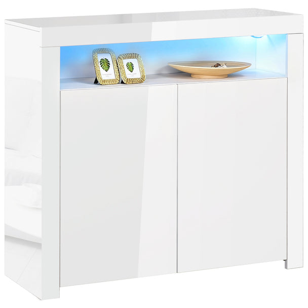 White high gloss 2-door sideboard with open shelf and glowing RGB LED light trim