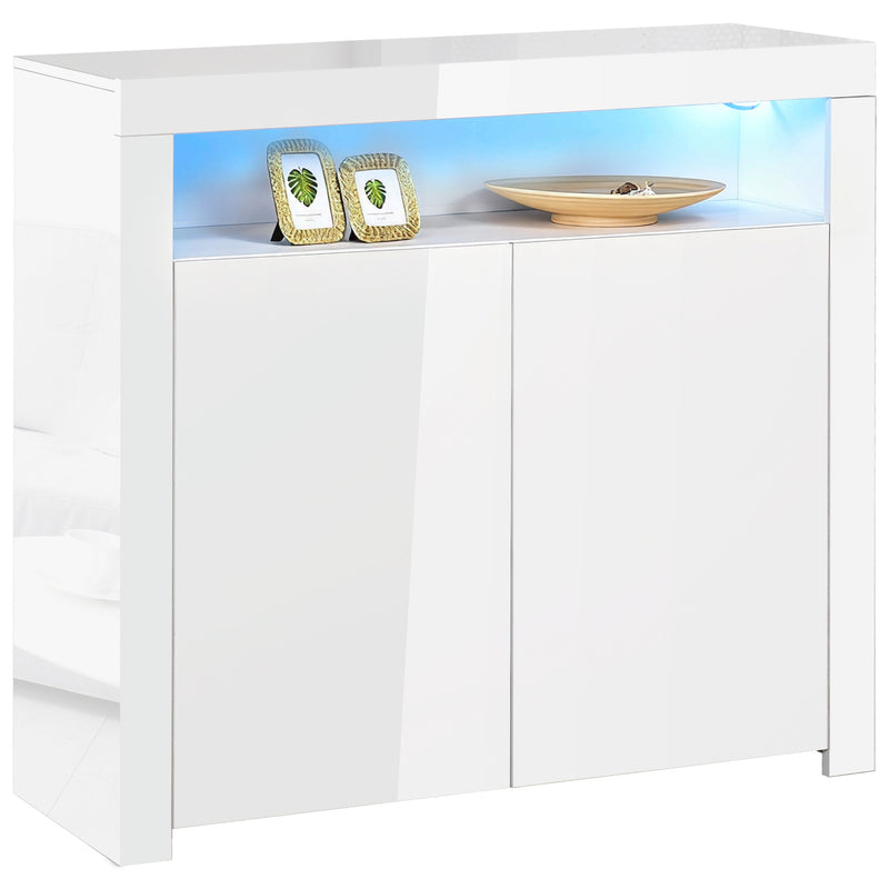 White high gloss 2-door sideboard with open shelf and glowing RGB LED light trim