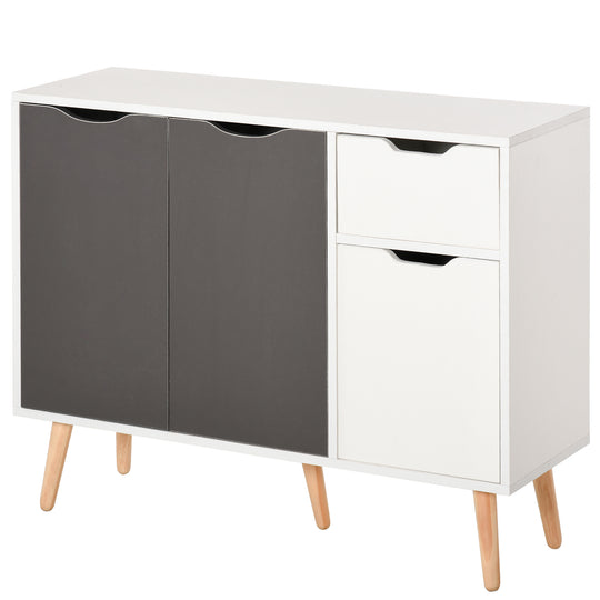Grey and white Scandi sideboard with top drawer, three cupboards and solid wooden legs