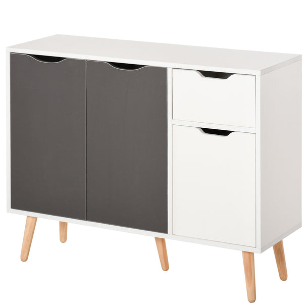 Grey and white Scandi sideboard with top drawer, three cupboards and solid wooden legs