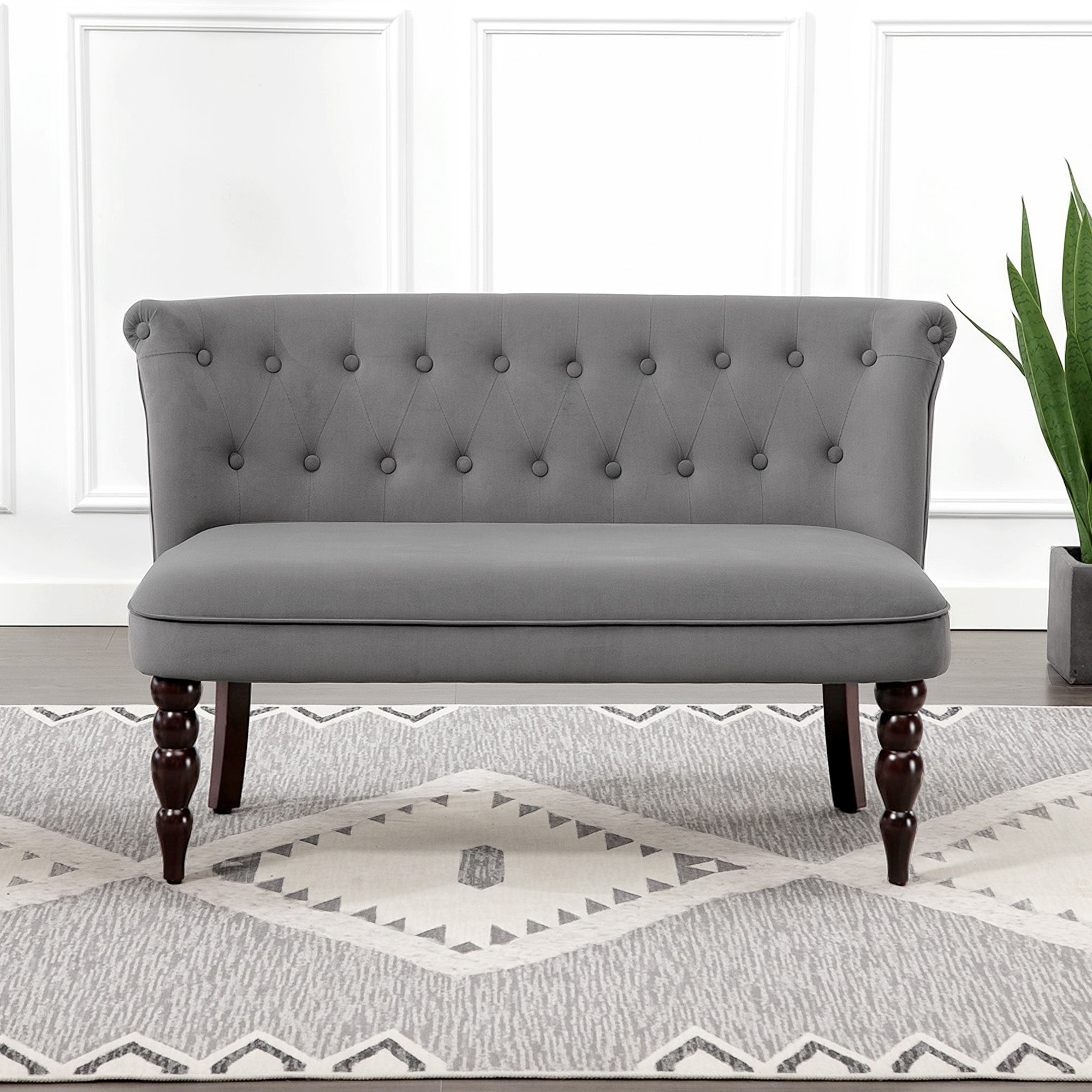 Velvet 2 Seater Sofa, Button Tufted Wingback Loveseat with Rubber Wood Legs for Living Room, Bedroom, Charcoal Grey