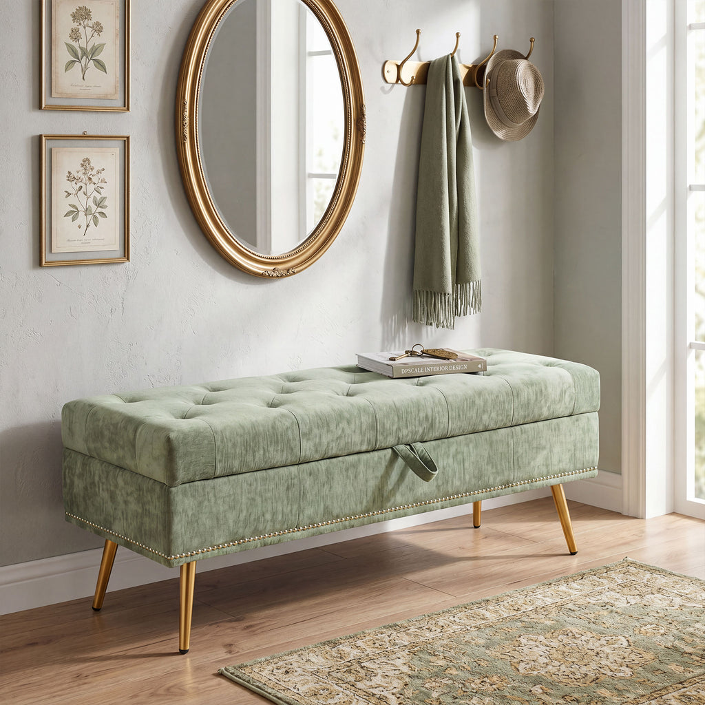 Storage Ottoman, Chenille Upholstered Ottoman Storage Box with Padded Seat, Metal Legs, 114 x 41 x 45 cm, Light Green