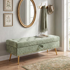 Storage Ottoman, Chenille Upholstered Ottoman Storage Box with Padded Seat, Metal Legs, 114 x 41 x 45 cm, Light Green