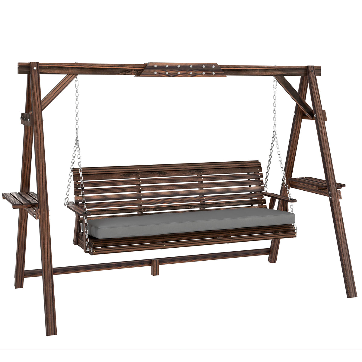 Outsunny 3 Seater Garden Swing Seat, Wooden Swing Chair Bench with Cushion, Side Trays and Metal Chains, for Outdoor