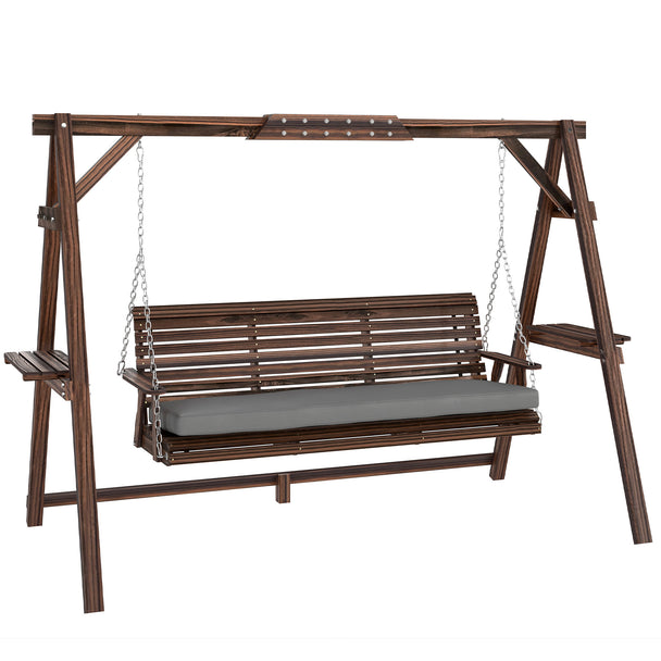 Outsunny 3 Seater Garden Swing Seat, Wooden Swing Chair Bench with Cushion, Side Trays and Metal Chains, for Outdoor