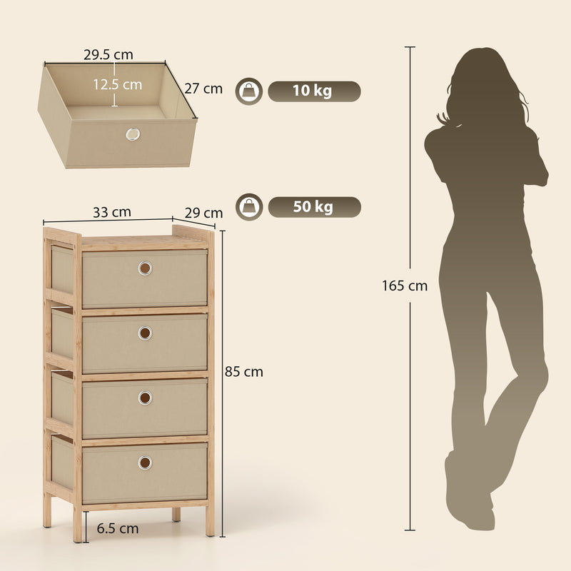 HOMCOM Chest of Drawers, 4 Fabric Drawers Narrow Dresser with Bamboo Frame, Cream White – view 3
