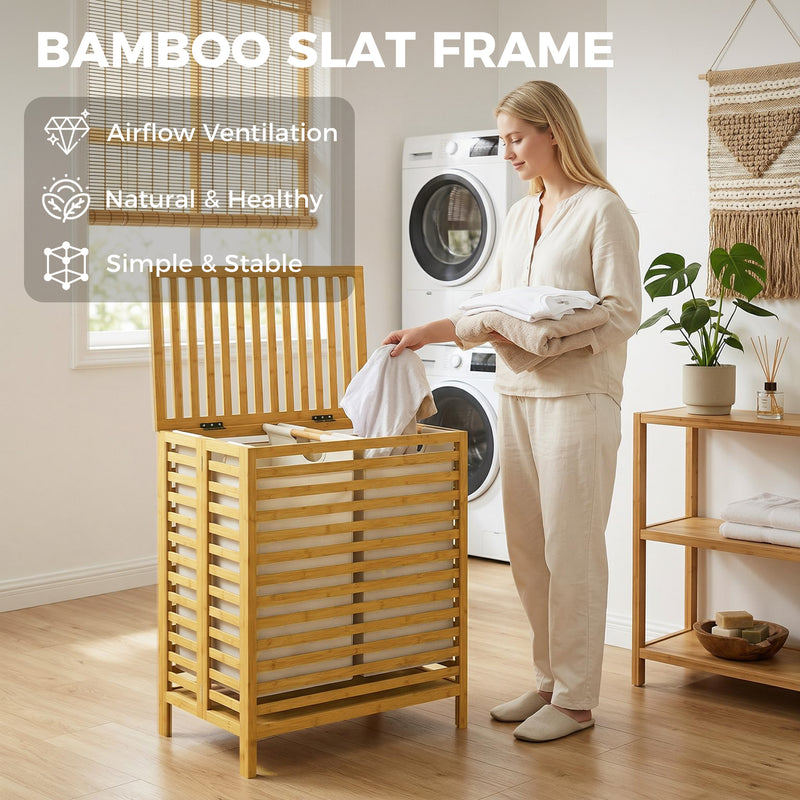 HOMCOM Bamboo Laundry Basket with Lid, 2 Baskets, Foldable, 64L, Natural and Cream White – view 7