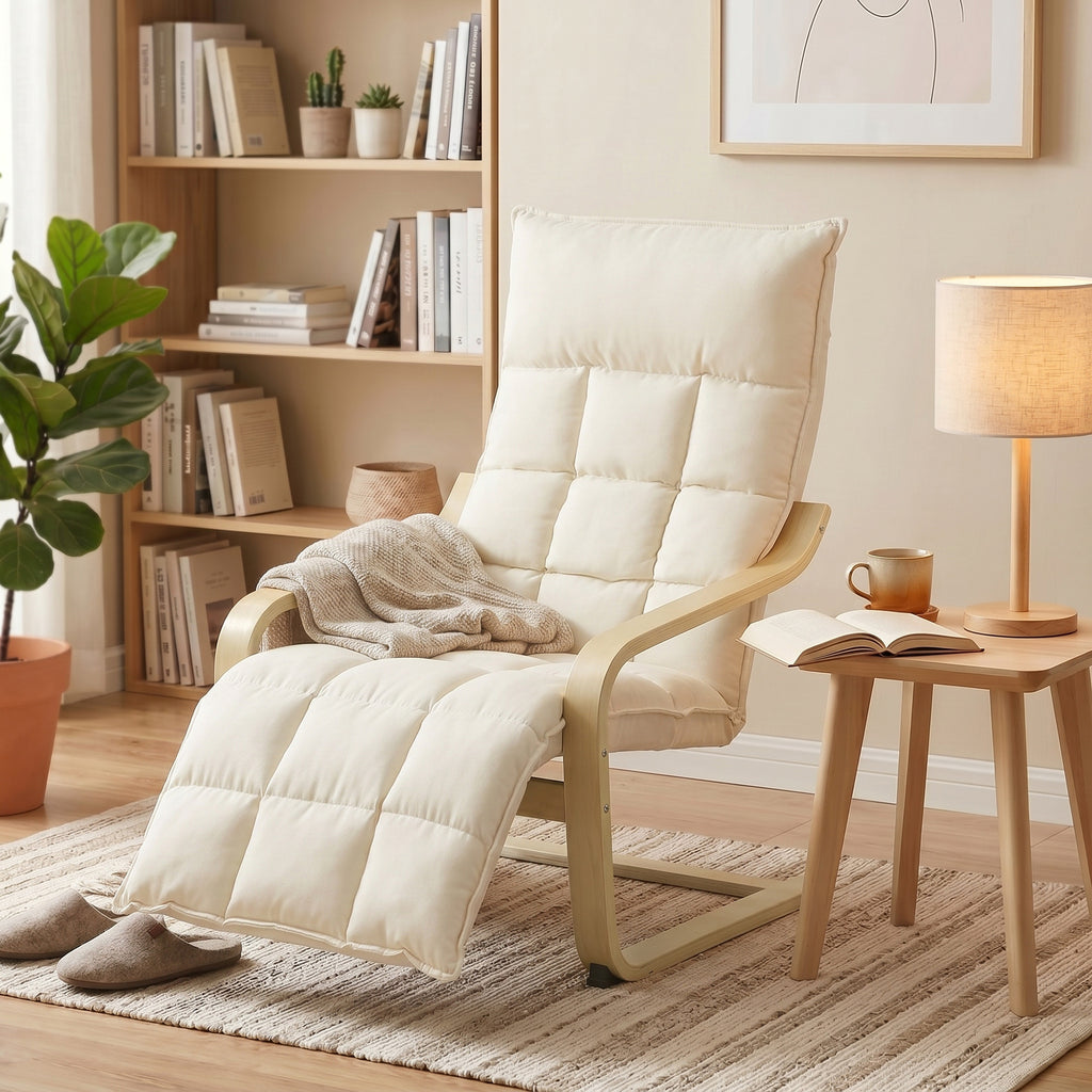 Modern Accent Chair, Leisure Lounge Chair Armchair with Footrest, Plush Cushion, Curved Legs and Arms, Cream White
