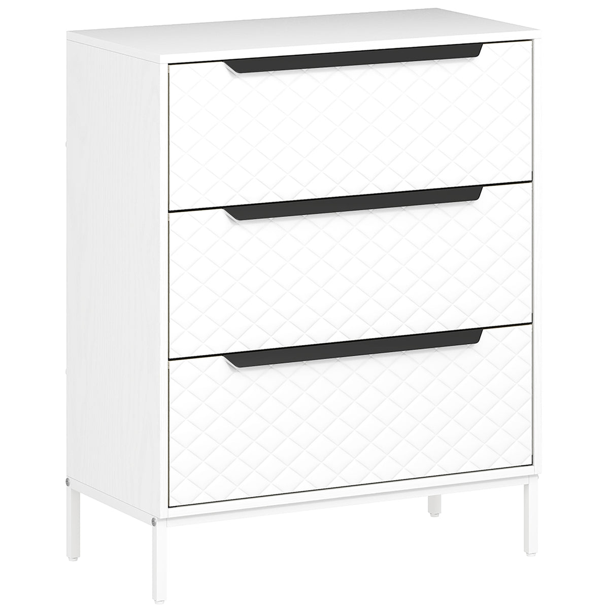 White 3-drawer fabric chest of drawers with diamond-stitched fronts and aluminium handles