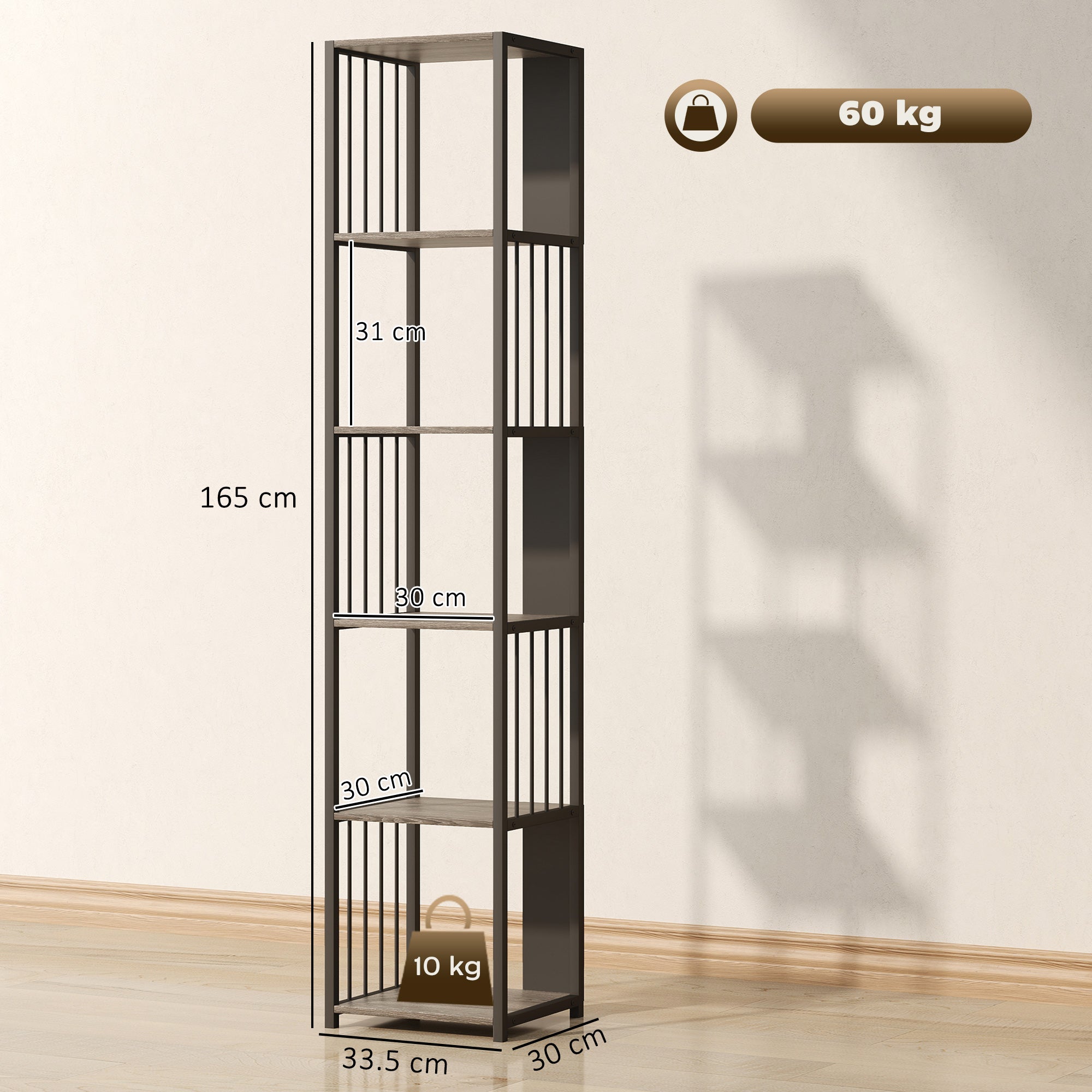 5-Tier Bookshelf with Steel Frame - Grey