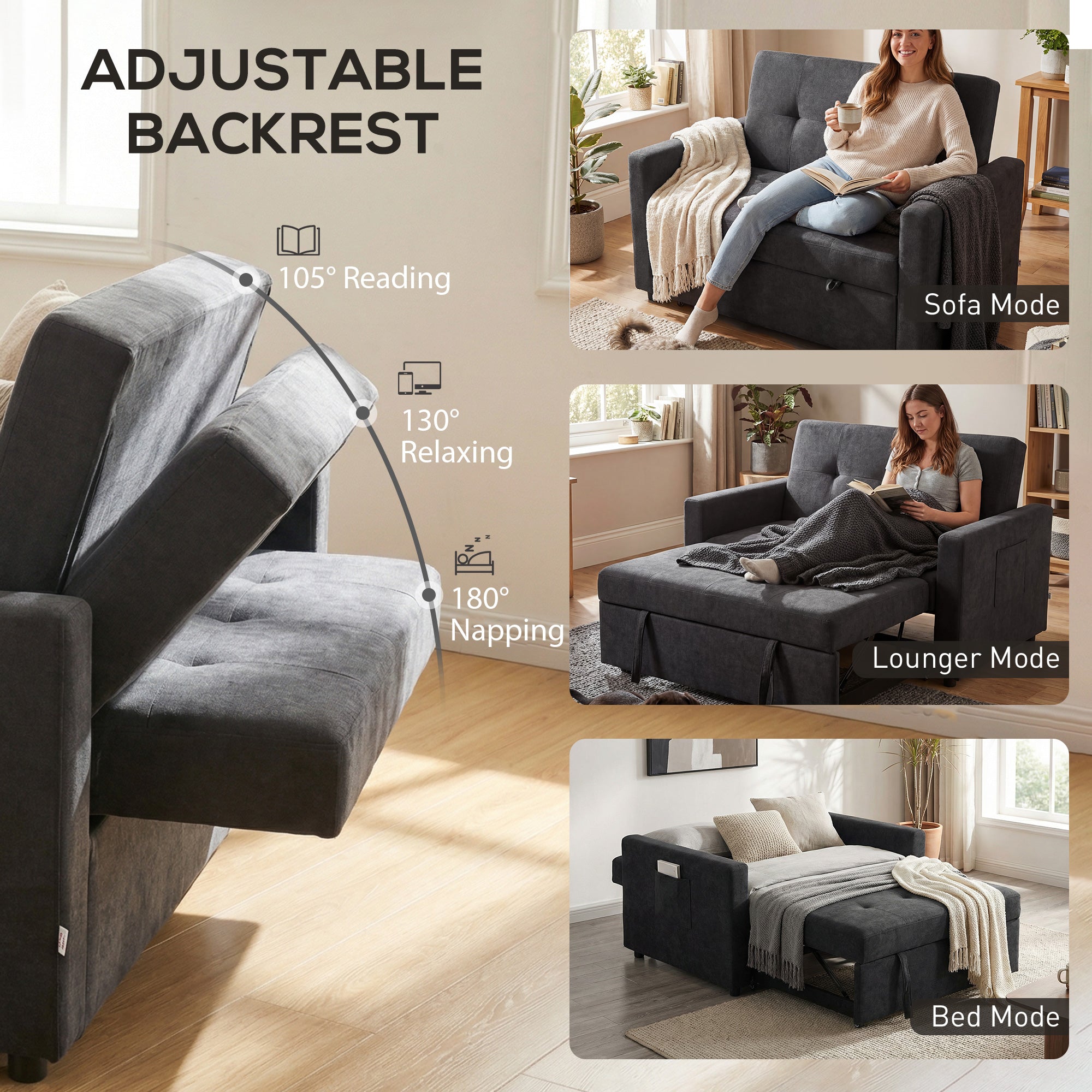 Loveseat Sofa Bed, Convertible Bed Settee with 2 Pillows, Side Pockets, Black