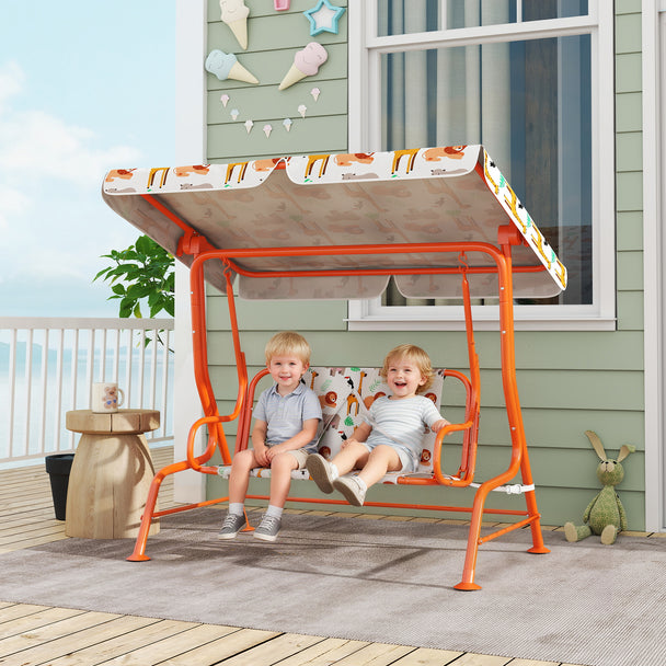 AIYAPLAY Kids Porch Swing, 2-Seater Patio Swing Bench Hammock with Seat Belts, Adjustable Canopy for Garden, Orange – view 2