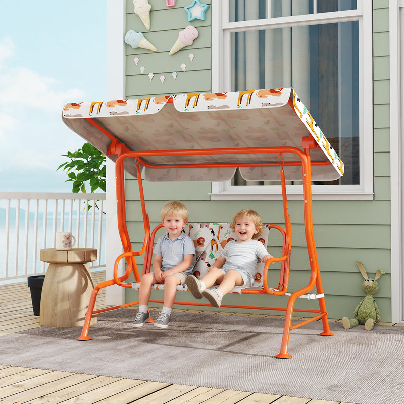 AIYAPLAY Kids Porch Swing, 2-Seater Patio Swing Bench Hammock with Seat Belts, Adjustable Canopy for Garden, Orange – view 2