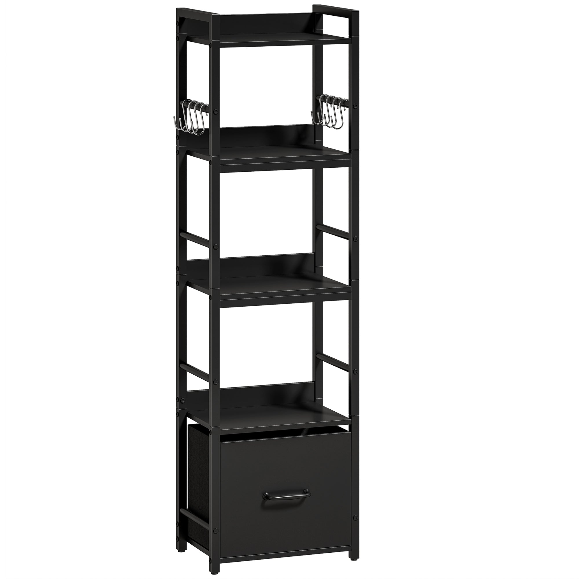 4-Tier Bookshelf, Narrow Bookcase with Drawer, 8 Hooks, Metal Frame, Black
