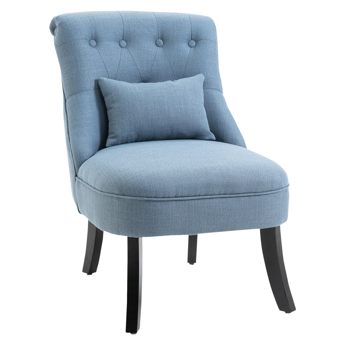 Button-Tufted Accent Chair with Pillow & Wooden Legs – Blue