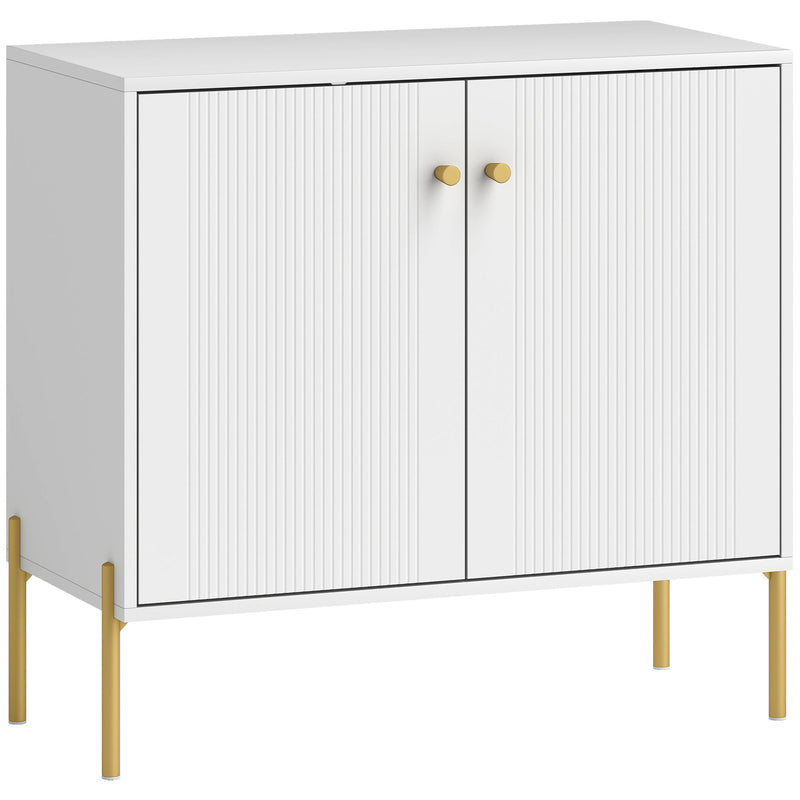 White fluted sideboard cabinet with gold-tone accents and steel legs