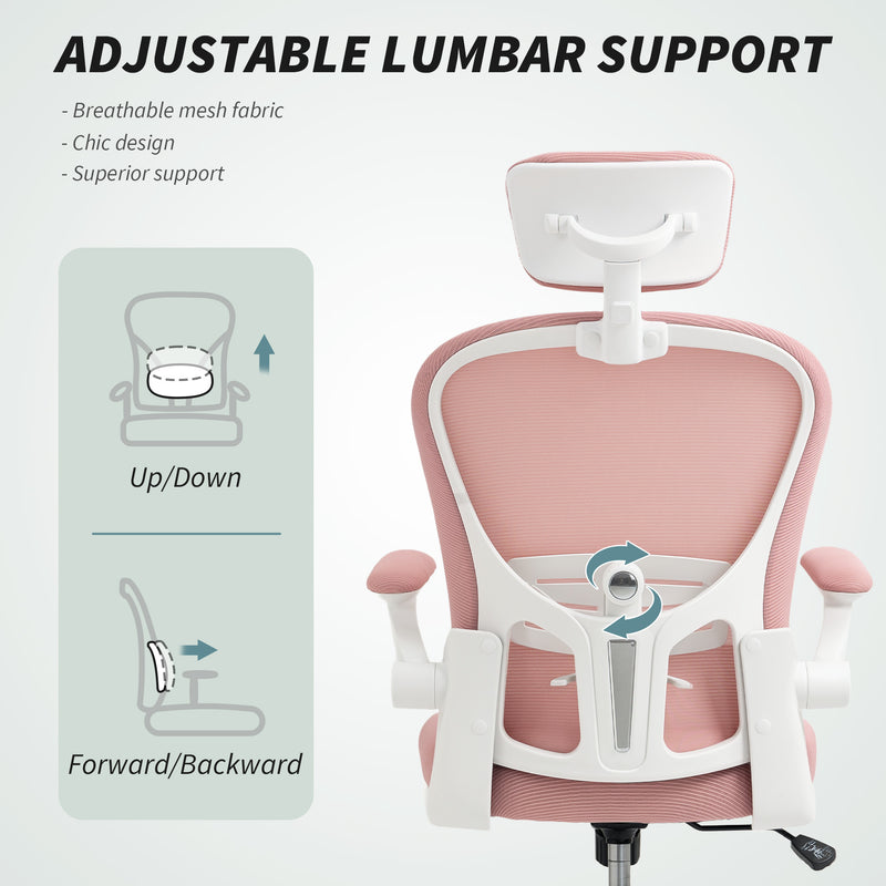 Vinsetto Multi-Adjustable Office Chair, with Lumbar Support, Headrest and Mesh Back - Pink – view 6