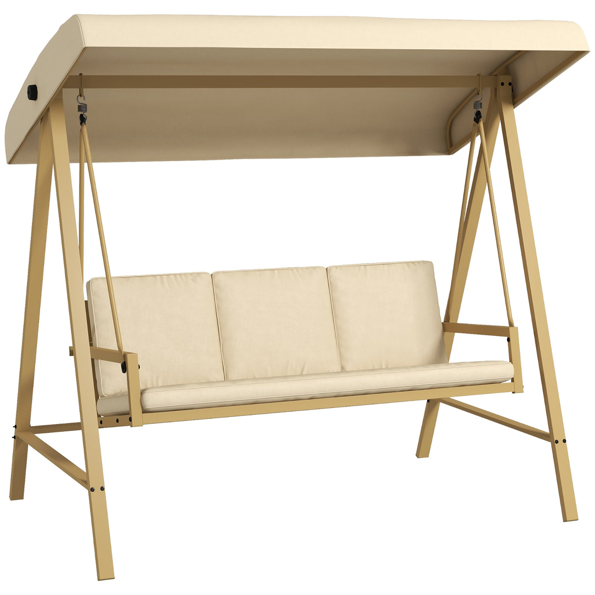 Beige 3-seater garden swing seat with tilting canopy and washable seat and back cushions