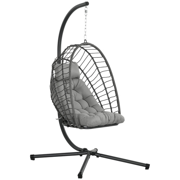 Light grey PE rattan hanging egg chair with steel stand and padded cushion