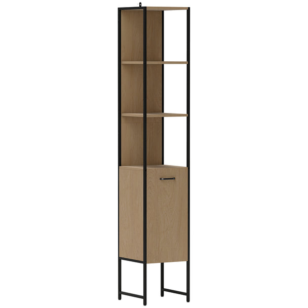 Tall 185 cm wood-effect bathroom cabinet with open shelves on black steel legs