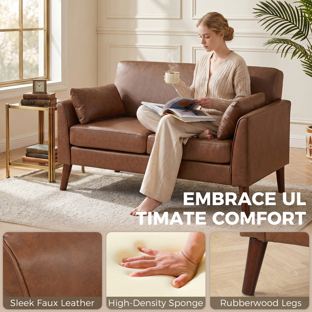 2 Seater Sofa, 132 cm Modern Small Sofa with Solid Wood Legs and 2 Pillows for Small Space, Brown