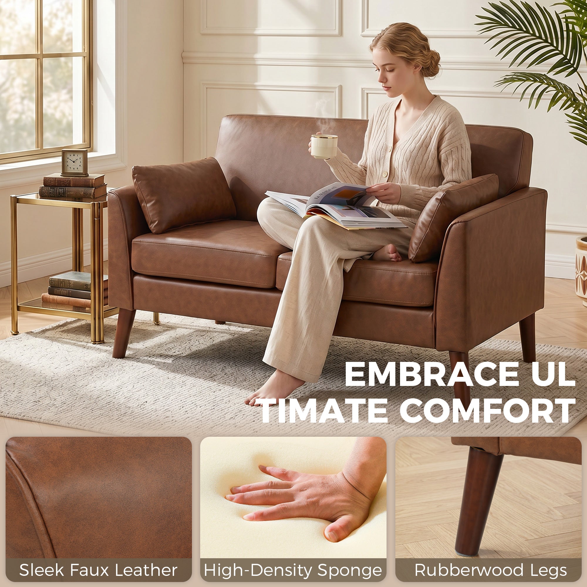 2 Seater Sofa, 132 cm Modern Small Sofa with Solid Wood Legs and 2 Pillows for Small Space, Brown