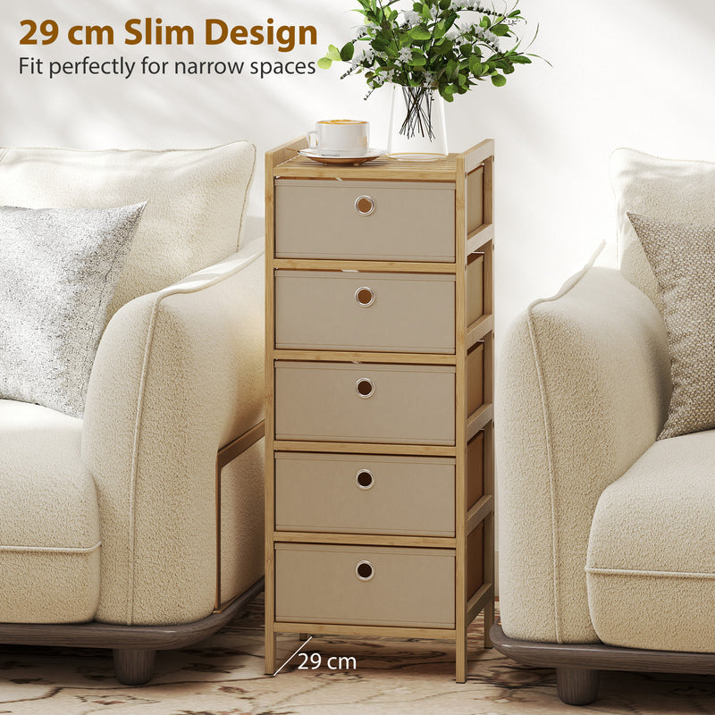 HOMCOM Chest of Drawers, 5 Fabric Drawers Narrow Dresser with Bamboo Frame, Cream White – view 6