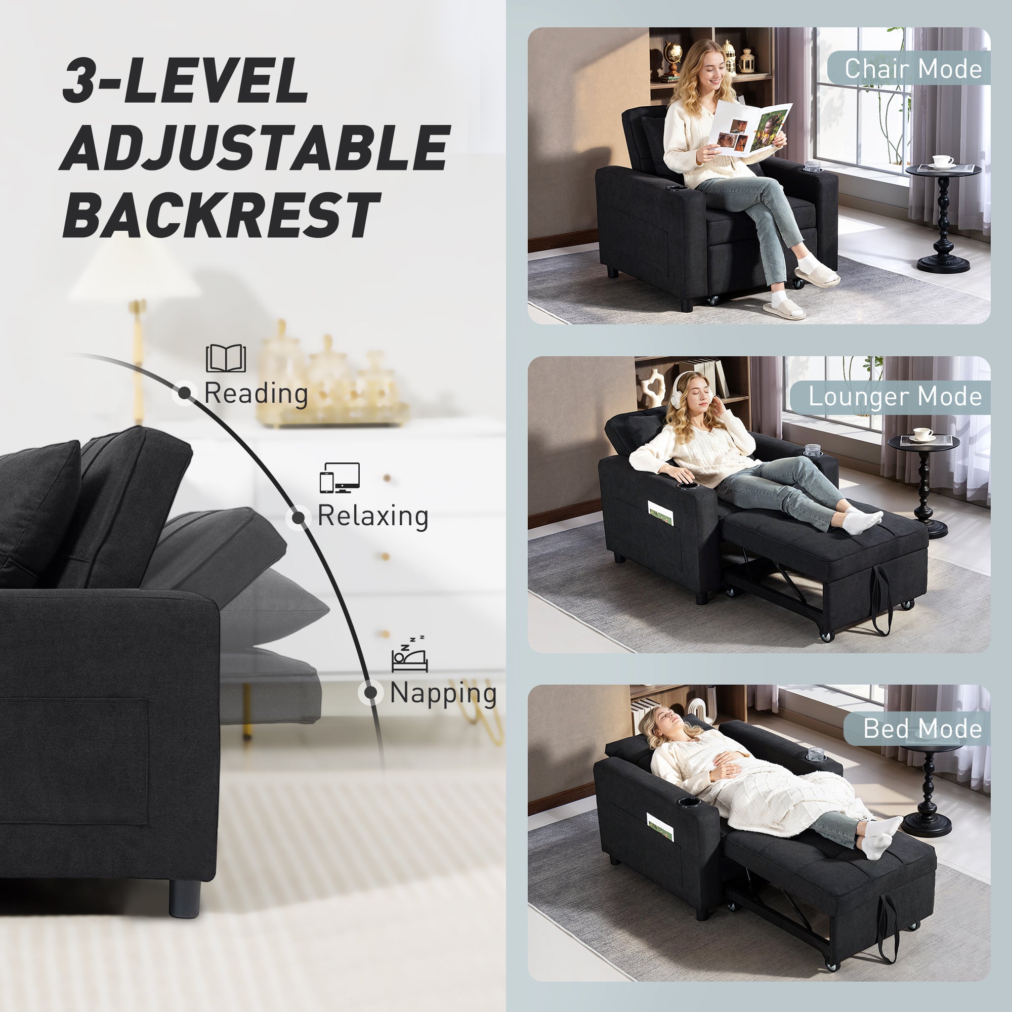 3-in-1 Single Sofa Bed, Convertible Sleeper Chair Bed - Black