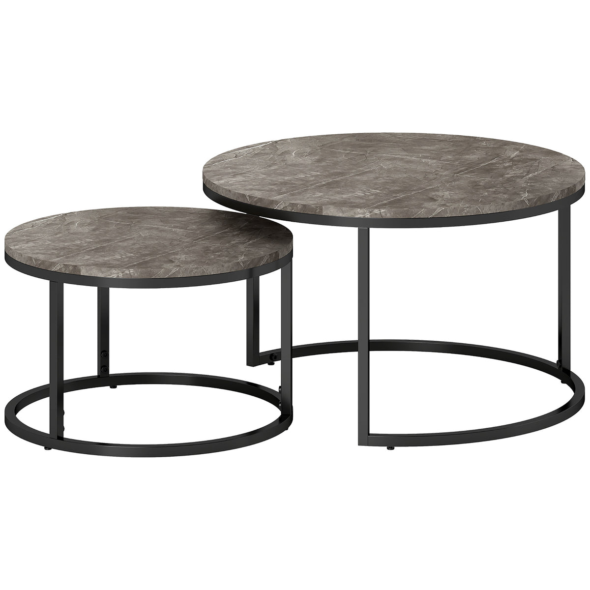 Set of 2 Round Marble-Effect Nesting Coffee Tables – Dark Grey