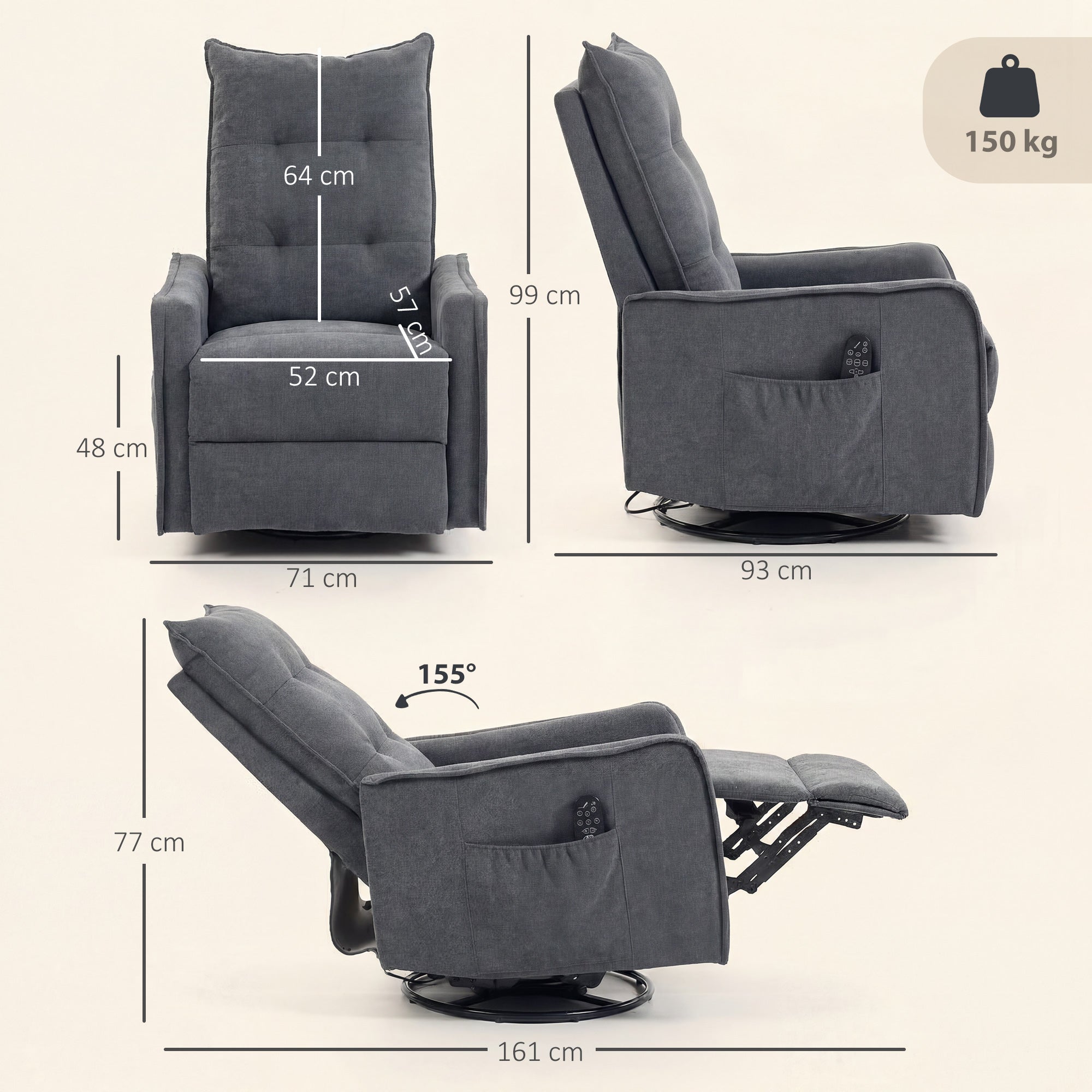 Recliner Armchair, Chenille Recliner Chair with Massage and Heat, 360Â° Swivel Rocking Manual Recliner, Dark Grey