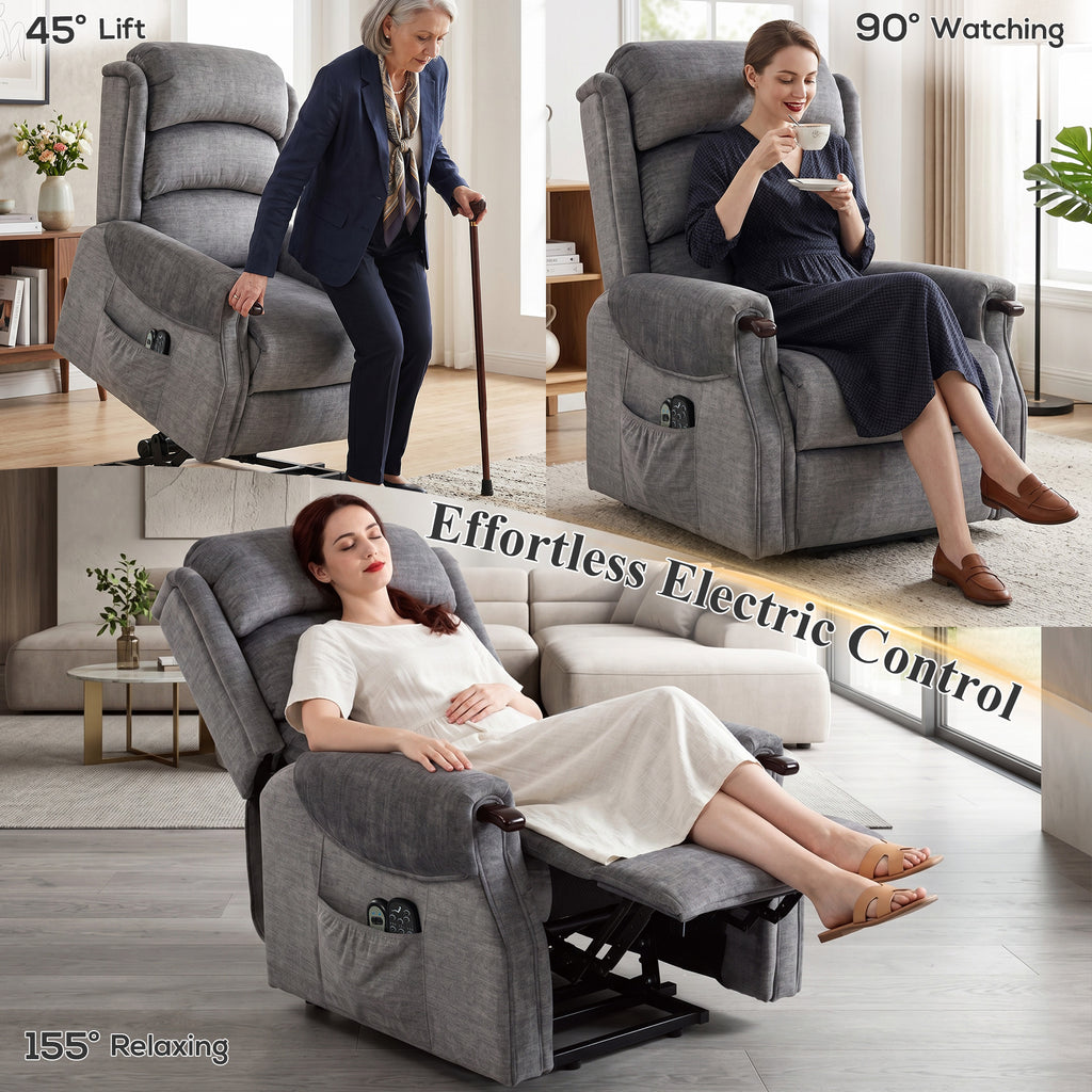 Power Lift Recliner with Vibration Massage and Heat, Lift Chair for Tall with Wood Grip, Pocket Spring, Light Grey