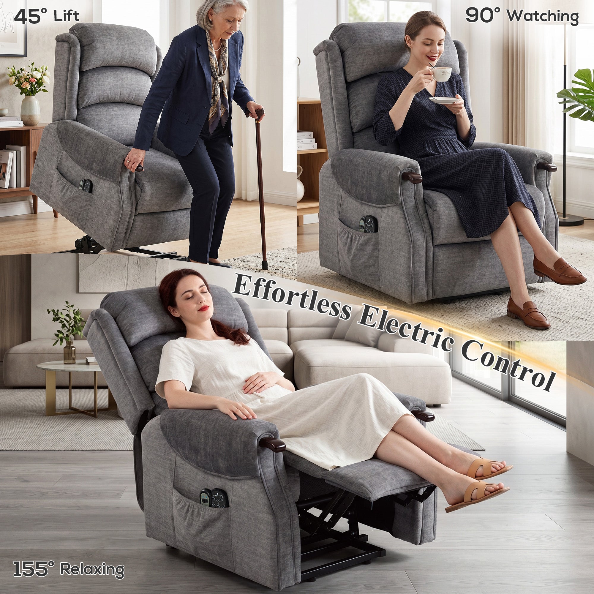Power Lift Recliner with Vibration Massage and Heat, Lift Chair for Tall with Wood Grip, Pocket Spring, Light Grey