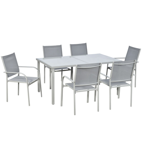 Outsunny 7 Piece Garden Dining Set, Outdoor Table and 6 Stackable Chairs, Steel Frame, Tempered Glass Top Table, Mesh
