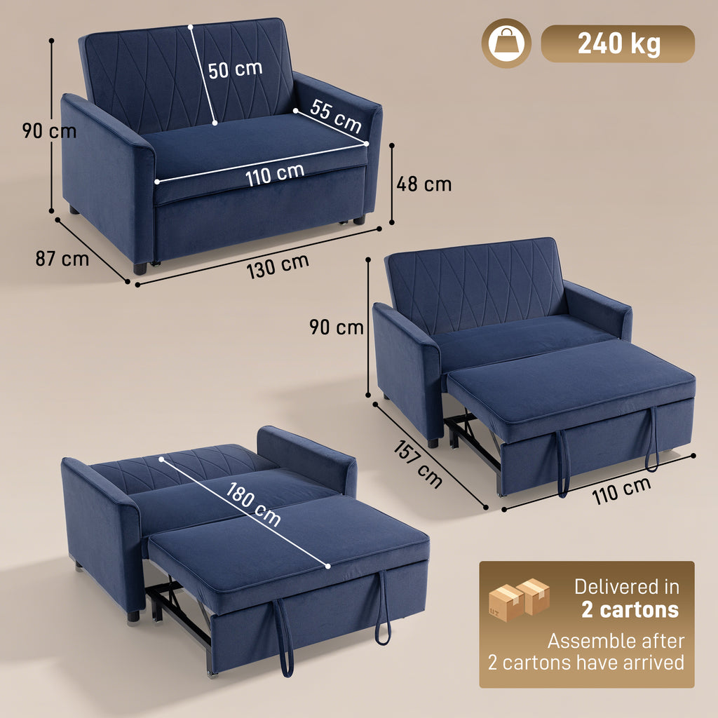 2 Seater Sofa Bed, 3-in-1 Convertible Pull Out Sleeper Sofa with Click-Clack Adjustable Backrest, Dark Blue