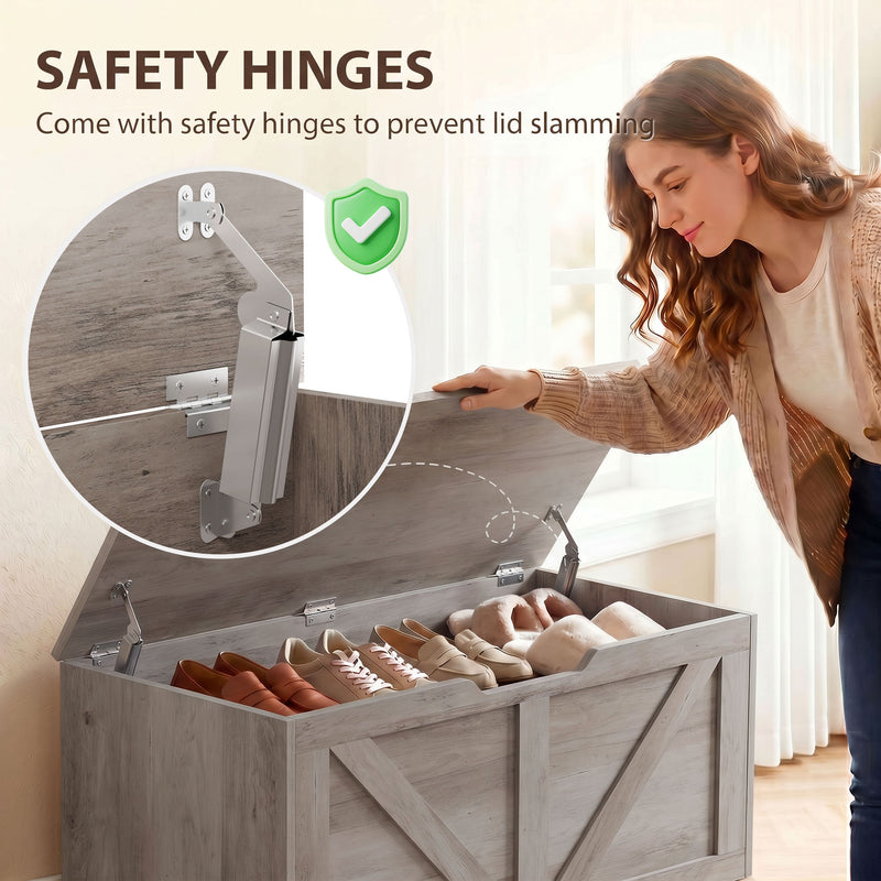 HOMCOM 127L Home Storage Box, with Safety Hinges - Grey Wood-Effect – view 5