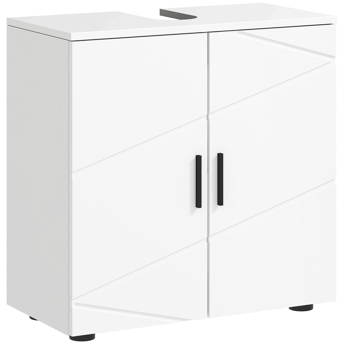 White under sink bathroom cabinet with two soft-close doors and pipe cut-out