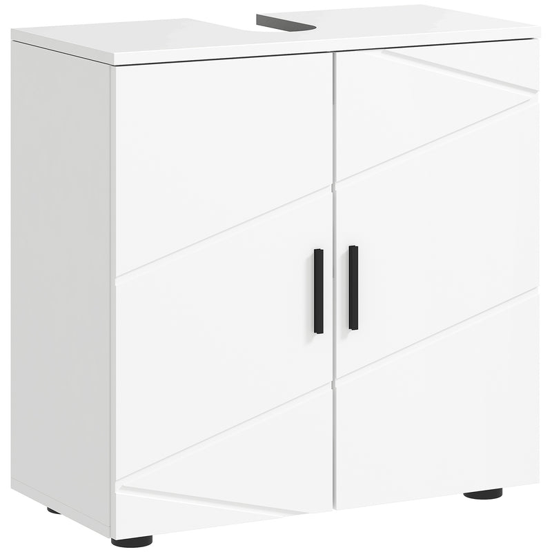 White under sink bathroom cabinet with two soft-close doors and pipe cut-out