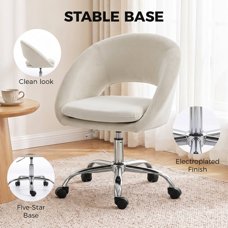 HOMCOM Velvet Desk Chair, Modern Office Chair with Height-Adjustable, Wheels, for Home Study Bedroom, Cream – view 7