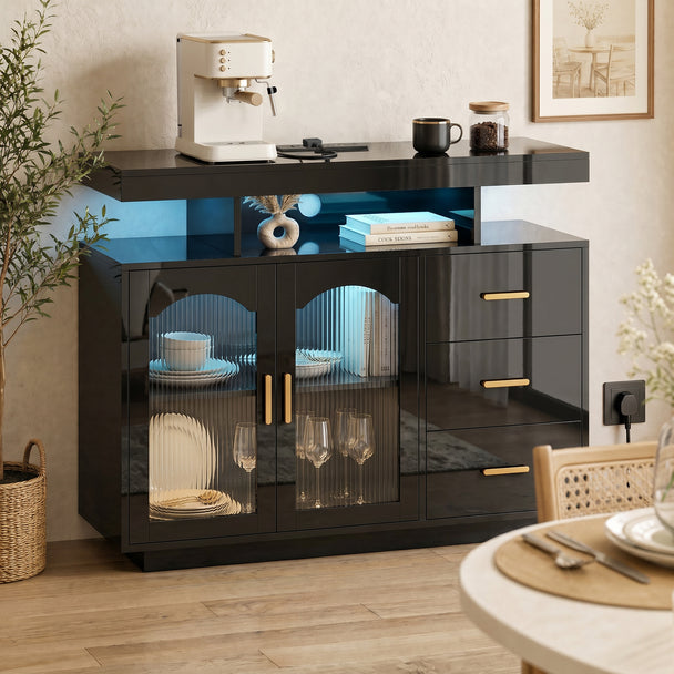 HOMCOM High Gloss Sideboard with LED Lights, Built-in Power Outlets, 3 Drawers, Shelves and 2 Acrylic Doors, Black – view 2