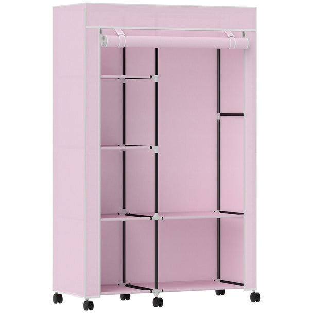 Pink fabric wardrobe on wheels with roll-up door, hanging rail and six shelves