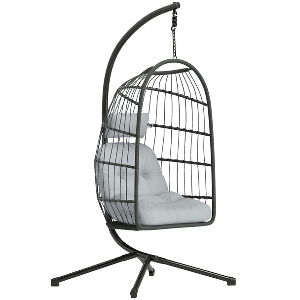 Outsunny Hanging Egg Chair, Indoor Outdoor Hammock Swing Chair with Stand, Safety Strap, Foldable Basket, Dark/Light