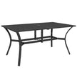 Black 150 cm slatted steel garden dining table with parasol hole, seats six