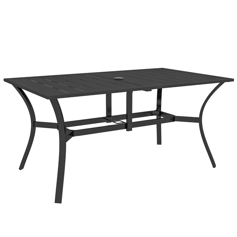 Black 150 cm slatted steel garden dining table with parasol hole, seats six
