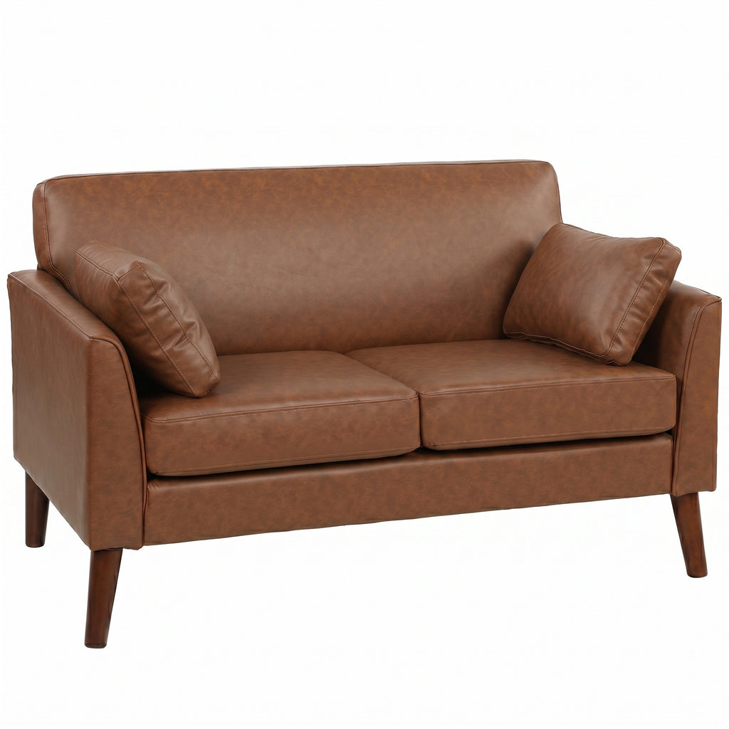 2 Seater Sofa, 132 cm Modern Small Sofa with Solid Wood Legs and 2 Pillows for Small Space, Brown