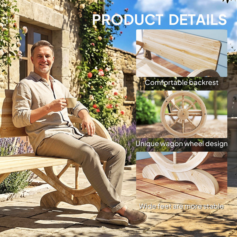 Outsunny Fir Wood 2-Seater Outdoor Garden Wagon Wheel Bench, Natural Wood Finish – view 4