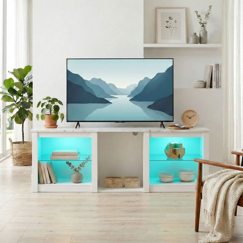 70in TV Stand, with LED Lights and Storage - White