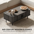 Coffee Table with Storage, Living Room Table with Slatted Tambour Sliding Doors and Adjustable Foot Pads, Rectangular Coffee Table with Elevated Base for Living Room, Grey Wood-Effect